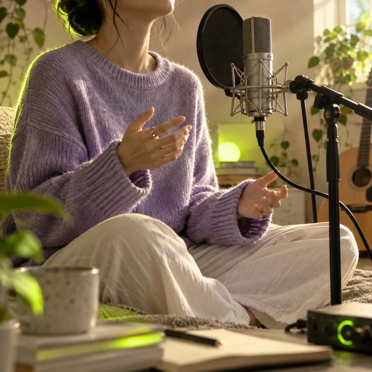 Performer cropped below the chin beside a studio microphone in a warm creative room