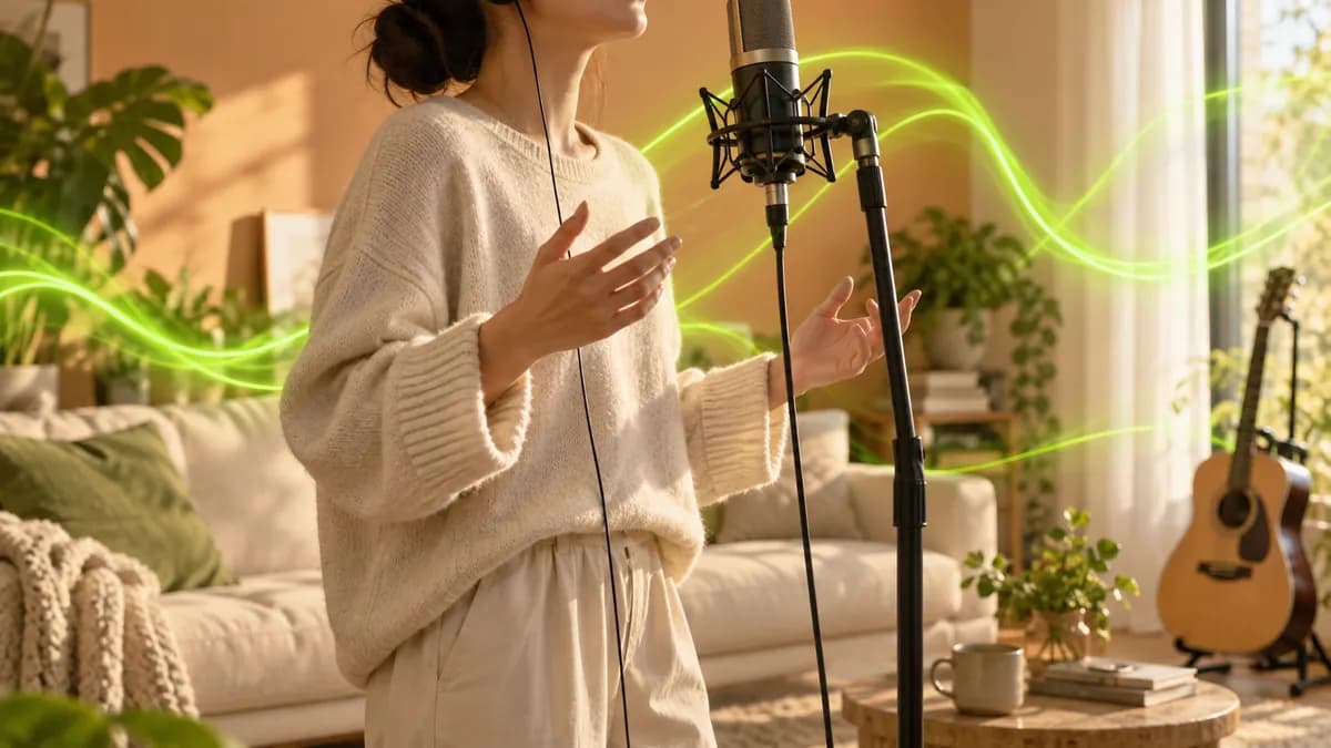 Performer cropped below the chin singing into a microphone in a cozy room with expressive lyric-inspired light