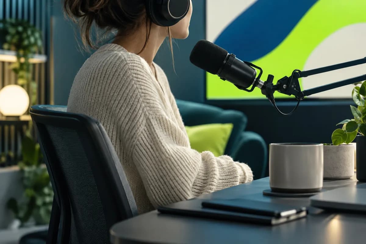 Podcast studio scene with a custom abstract social banner composition