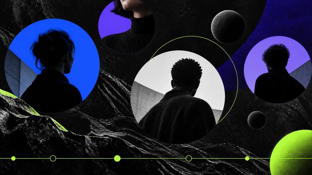 Abstract course campaign artwork with floating portraits and a visual timeline