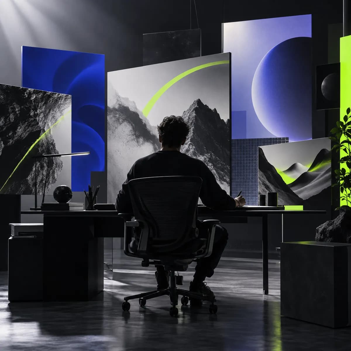 Abstract social banner studio scene with a silhouetted creator and layered lime design accents