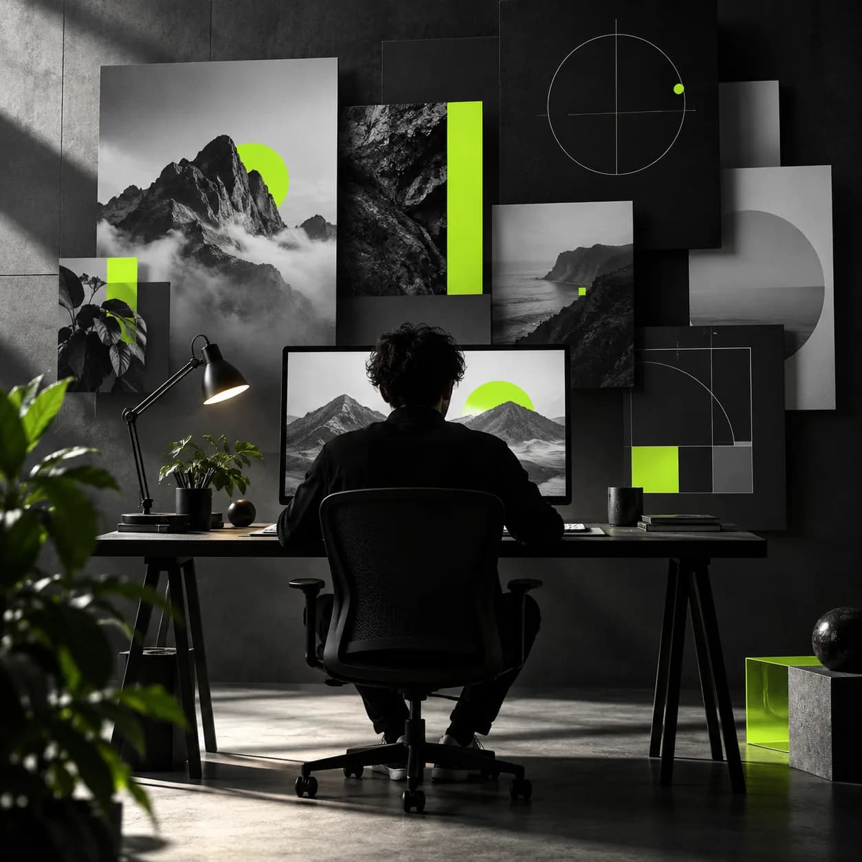 Abstract social banner composition with a silhouetted creator and bright lime editing accents