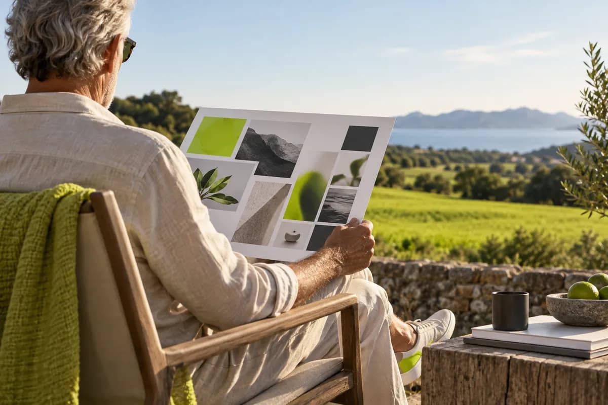 Colorful editorial scene showing a creator developing a banner concept in a bright outdoor setting