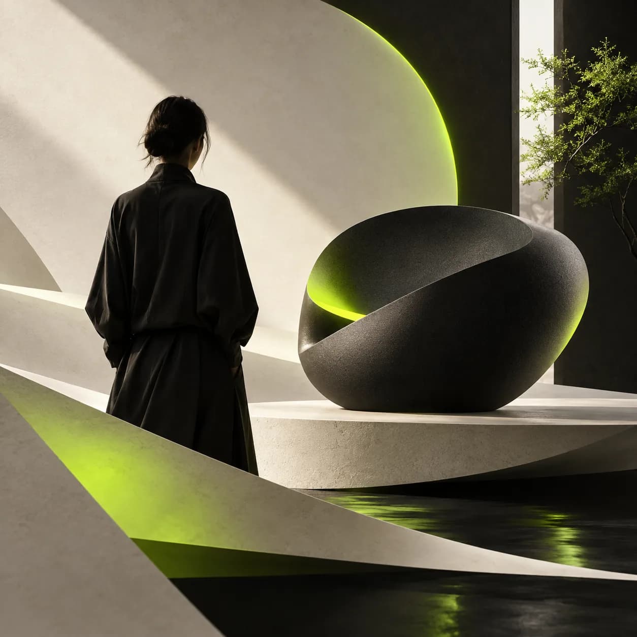 Abstract layered campaign artwork with a sculptural product form and lime highlights