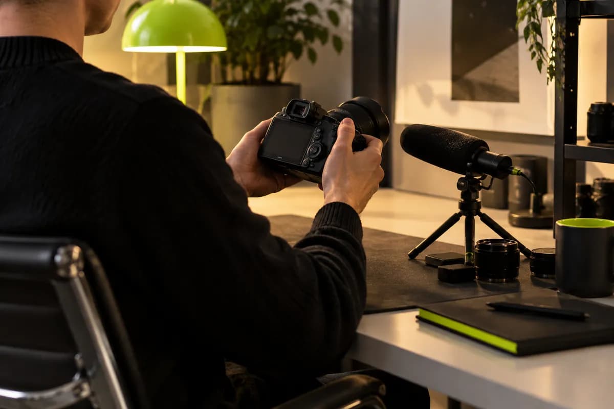 Creative team member seen from behind reviewing a polished campaign recording
