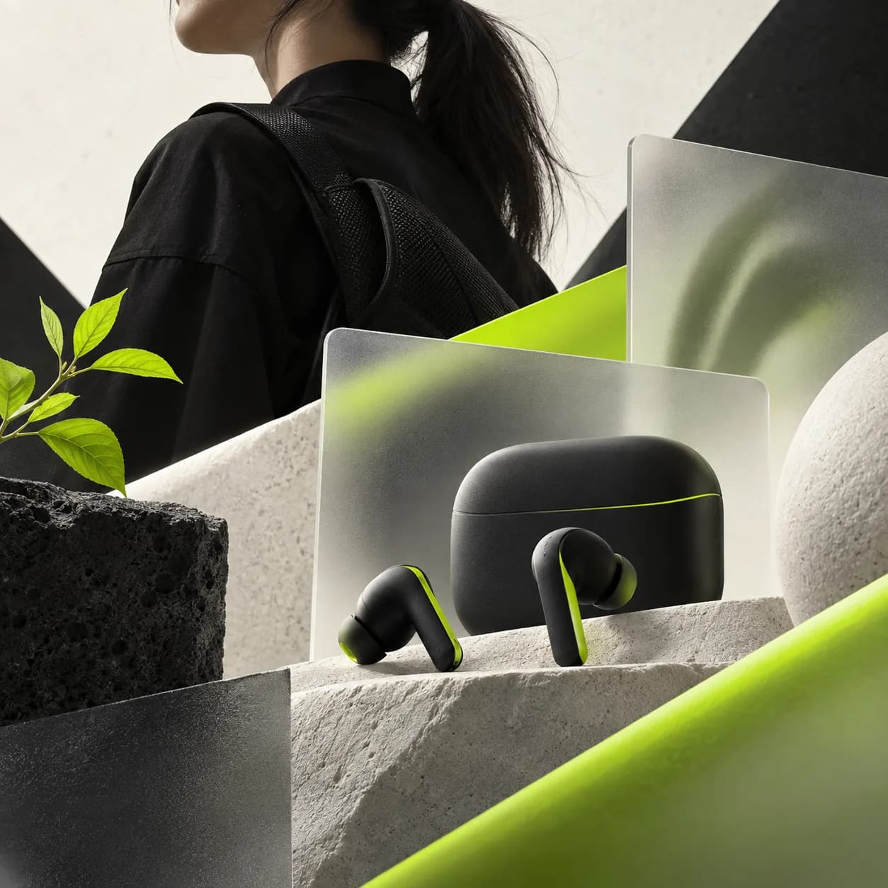 Abstract social campaign creative with layered product forms and lime accents