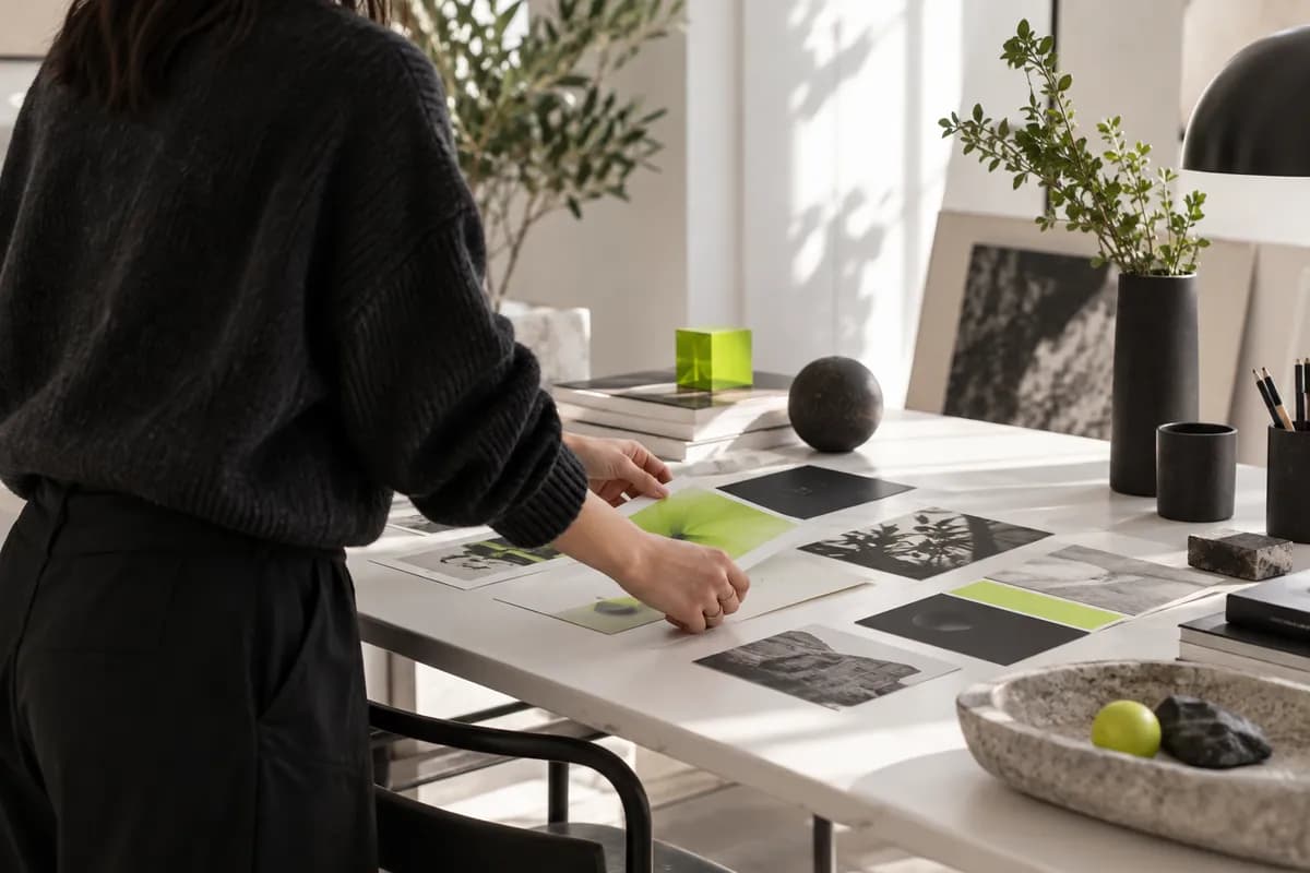 Creator working on a video campaign in a bright studio with layered objects and lime accents