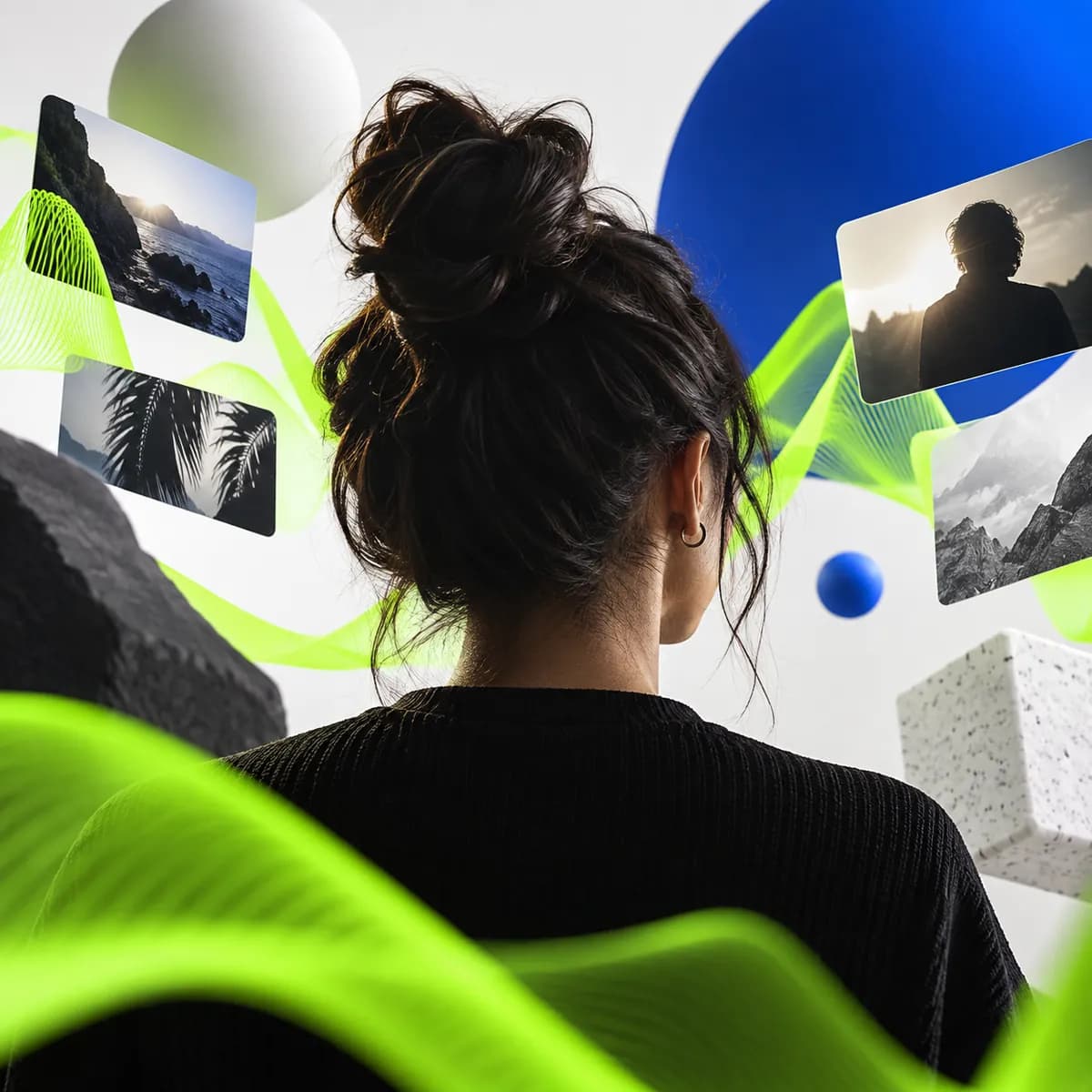 Abstract Vidione video creation scene with a creator silhouette and lime waveform accents