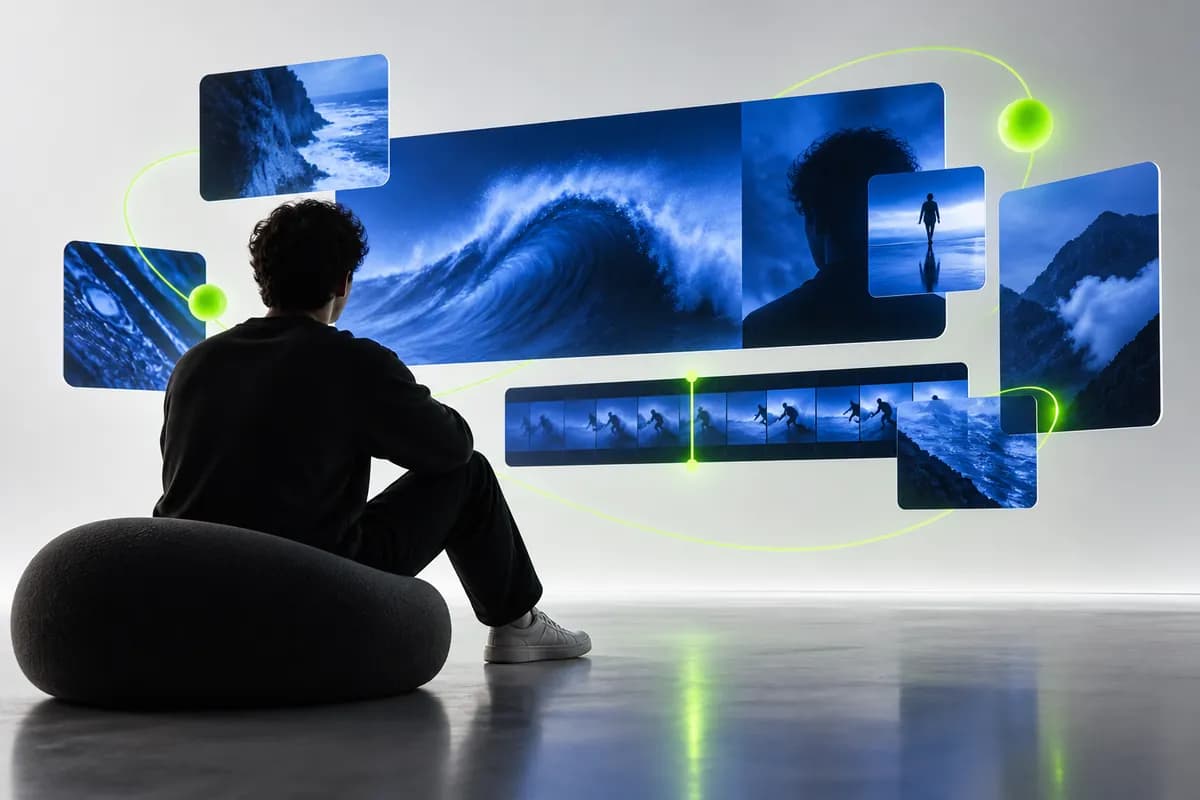 Creator silhouette beside an abstract blue editing composition with lime controls