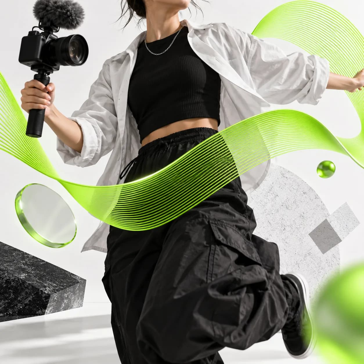Abstract Vidione YouTube video creation scene with a creator and lime motion accents