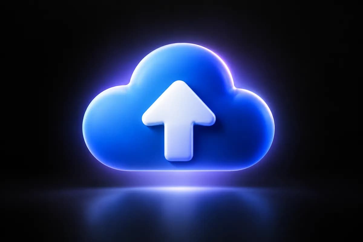 Blue cloud and upward arrow illustration representing video upload