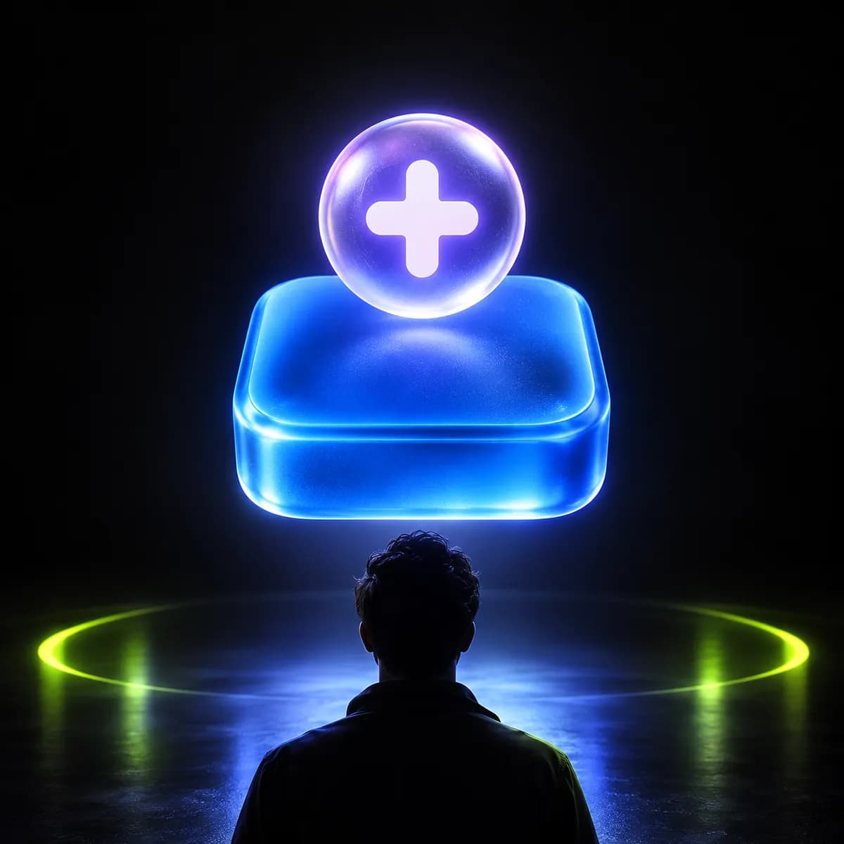 Rounded blue editing tile with a glowing plus symbol