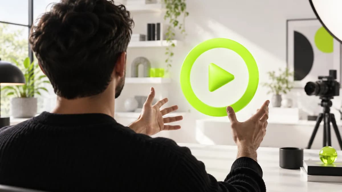 Editorial tutorial poster showing a creator silhouette in a bright studio with lime play button