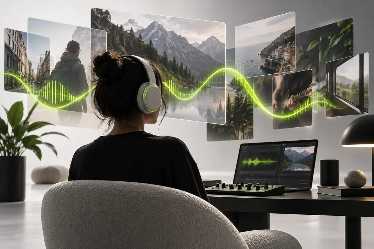 Abstract studio scene showing translated audio moving between layered video frames