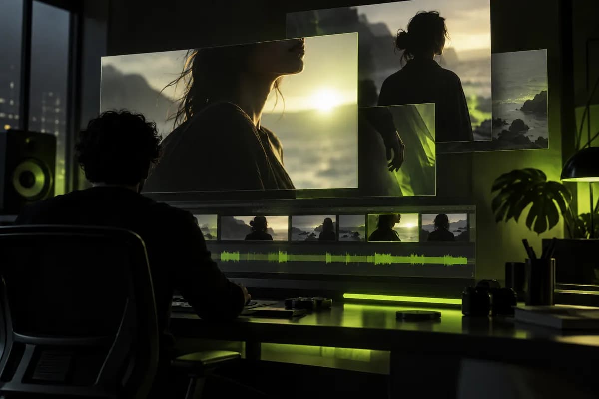 Abstract editing studio with multiple cropped video frames layered in a dark preview