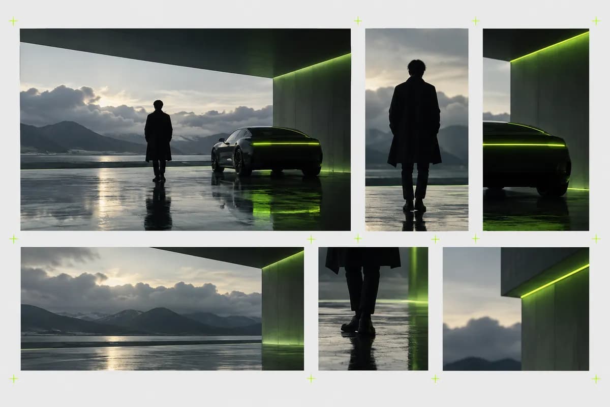 Abstract video composition showing one scene adapted to several crops