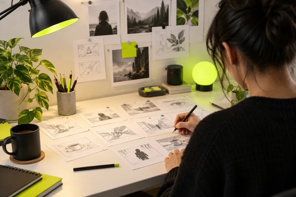 Abstract writer's desk with storyboard cards and a glowing lime creative cue