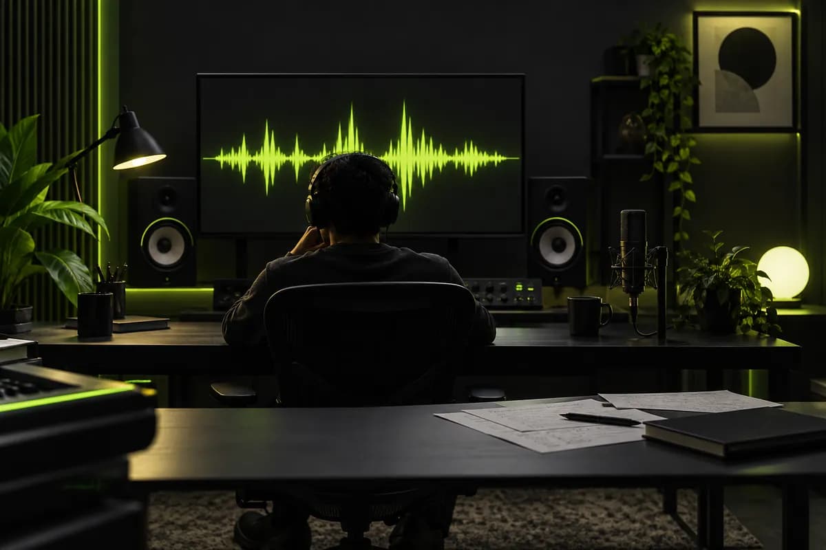 Abstract sound and typography-inspired audio studio with a lime waveform