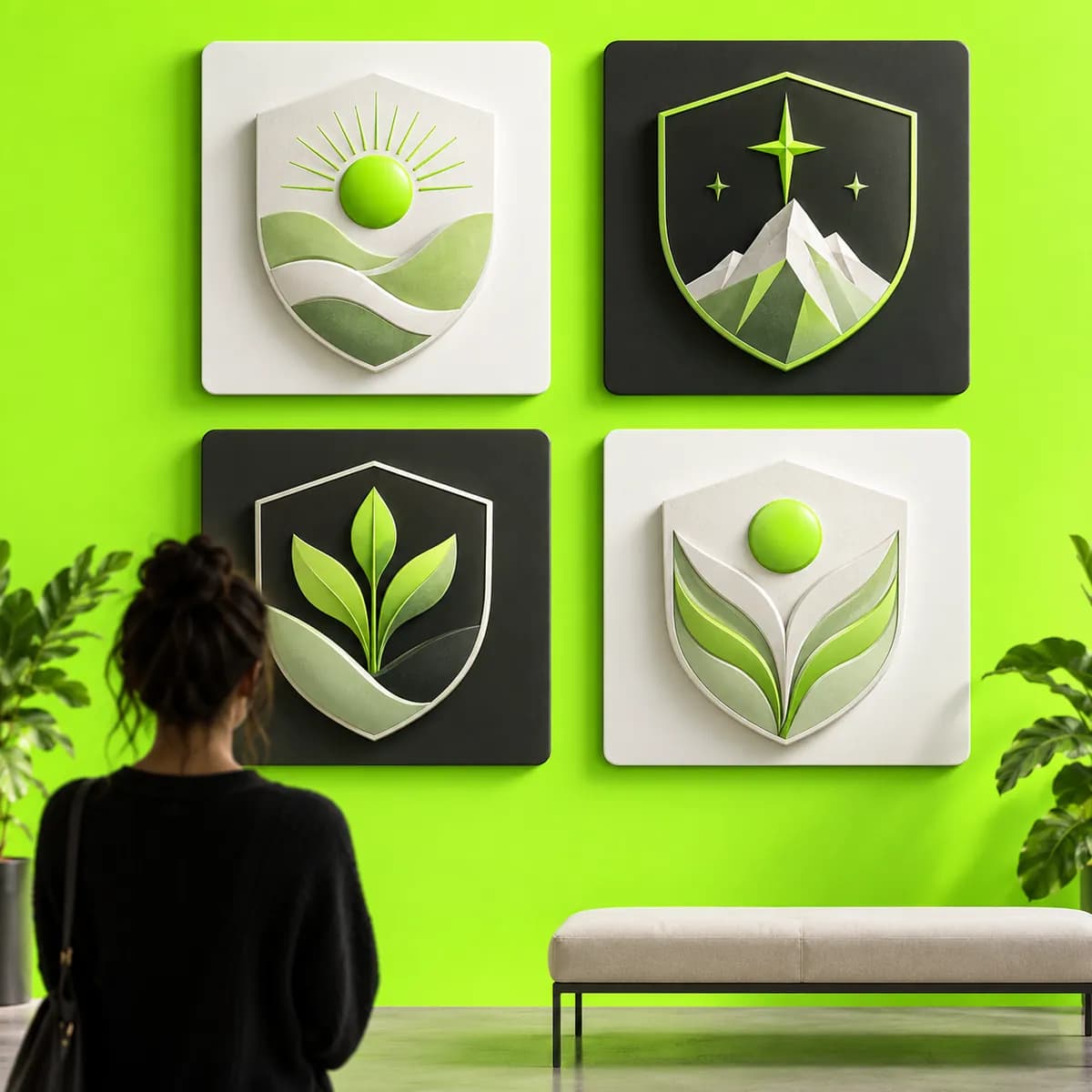 Four abstract achievement badges arranged in a bright lime gallery
