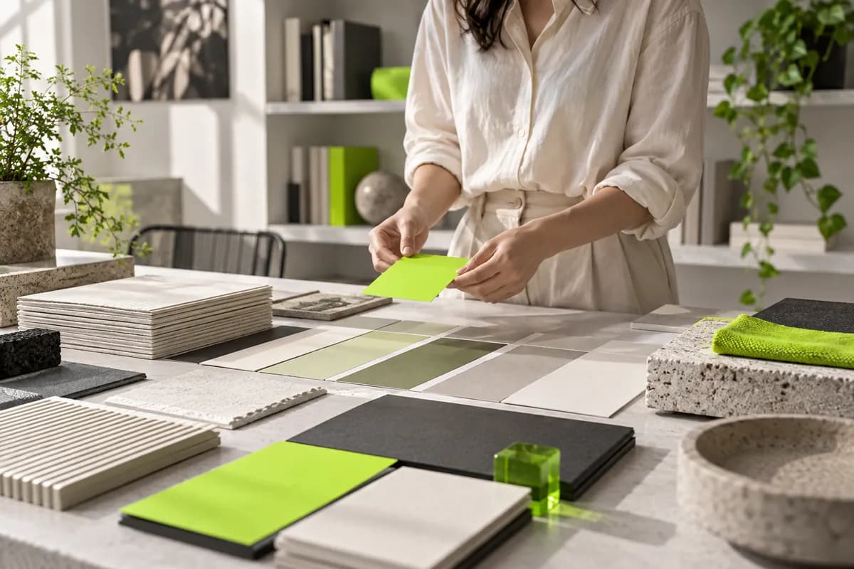 Abstract brand library with a cropped creator framed by soft shelves and lime light