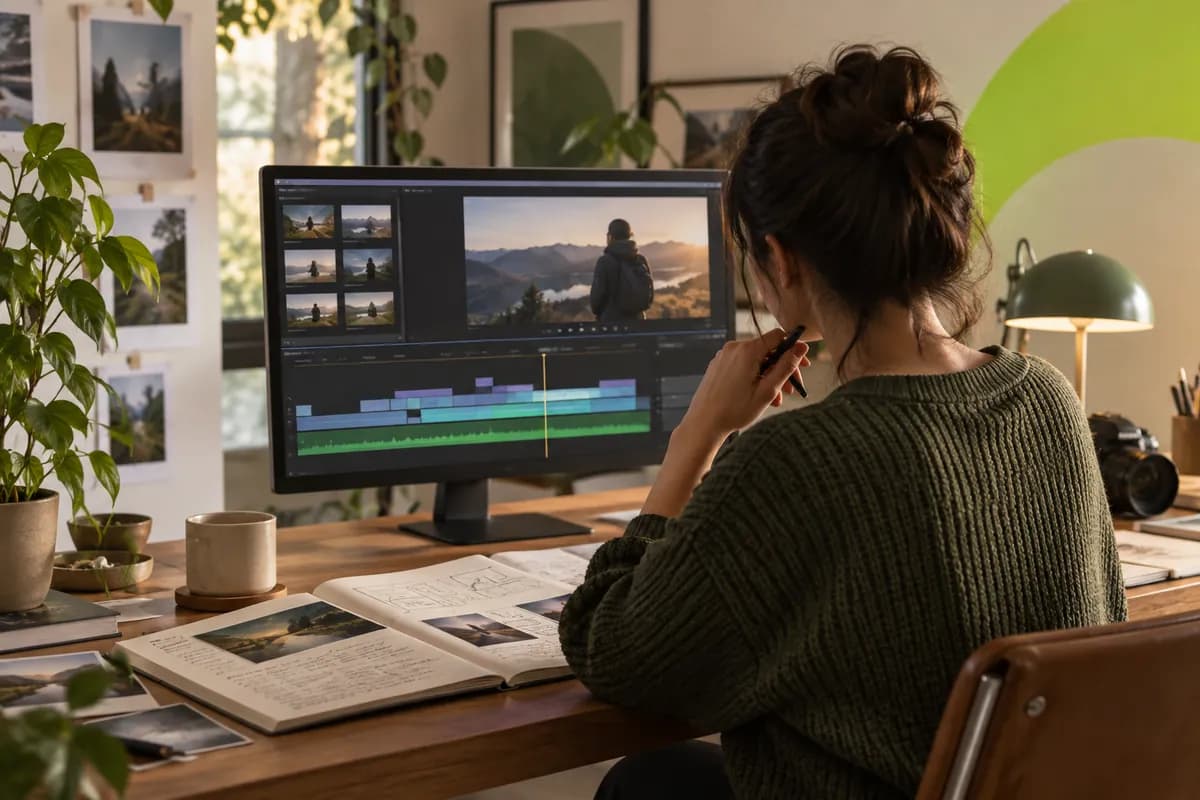 Collaborator reviewing a video timeline in a warm creative workspace