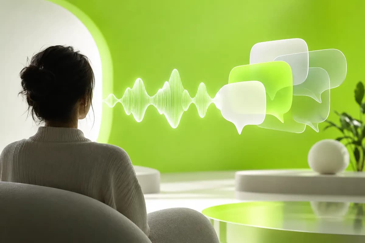 Abstract audio waveform and language translation concept in a bright lime studio