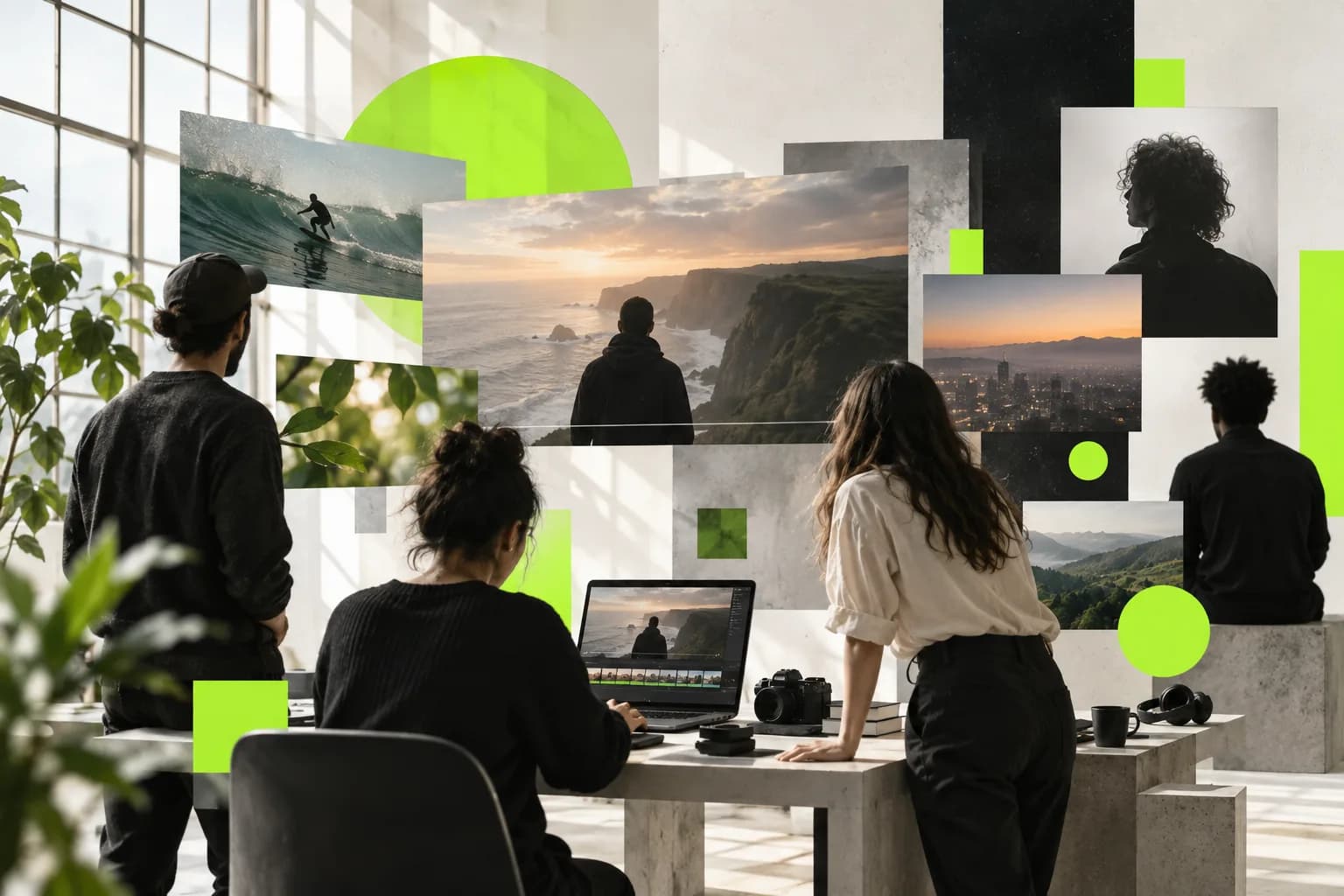 Abstract collaborative video workspace with layered frames and a creative team in a bright studio