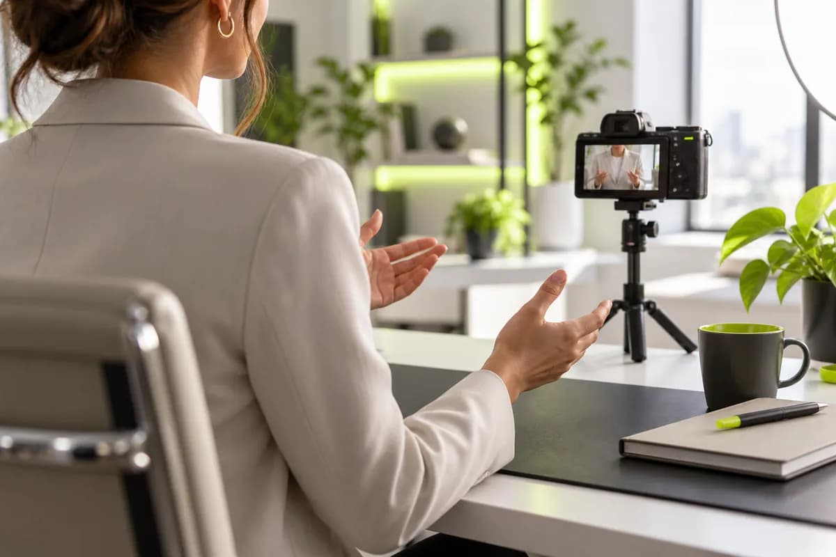 Sales presenter preparing a personalized video message in a bright office