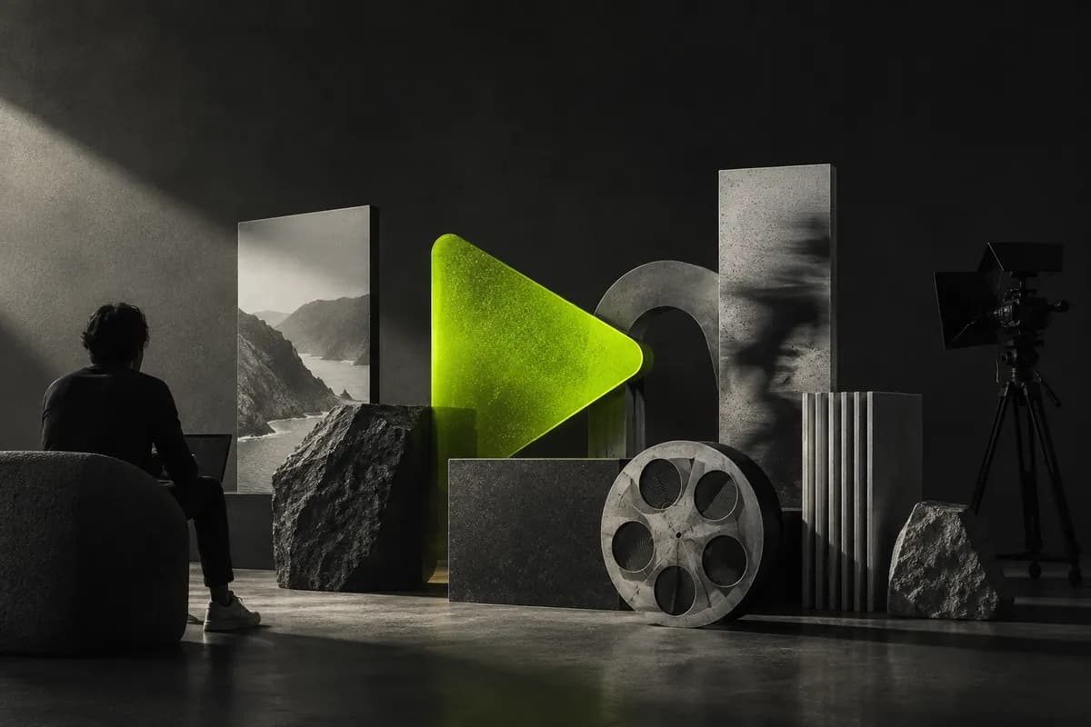 Abstract lime editing forms arranged on a dark editorial background