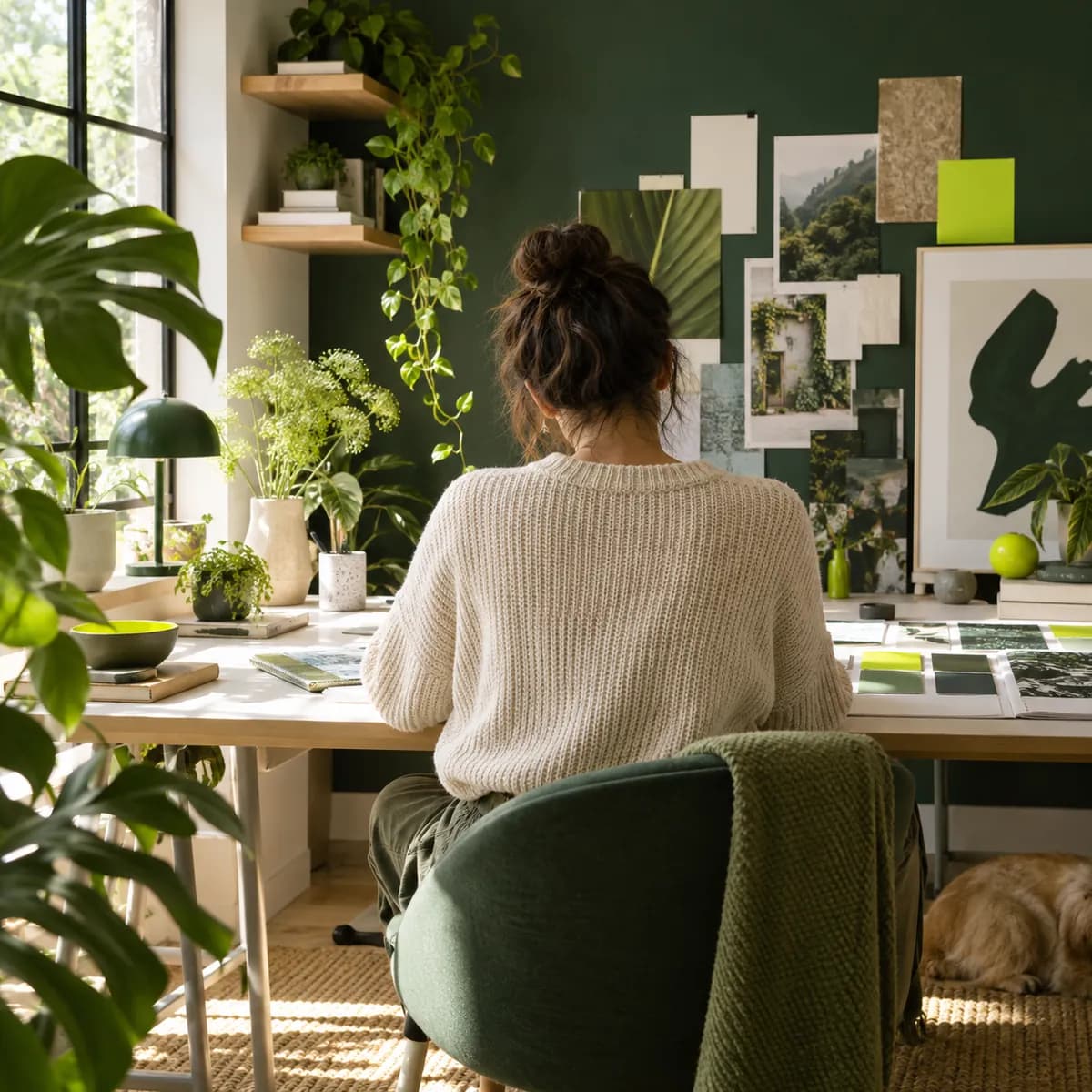 Person seen from behind working at a bright desk surrounded by plants