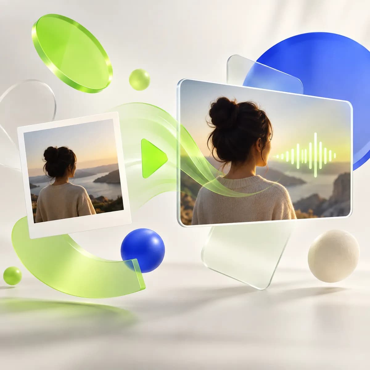 Luminous lime and blue abstract shapes on a soft neutral background