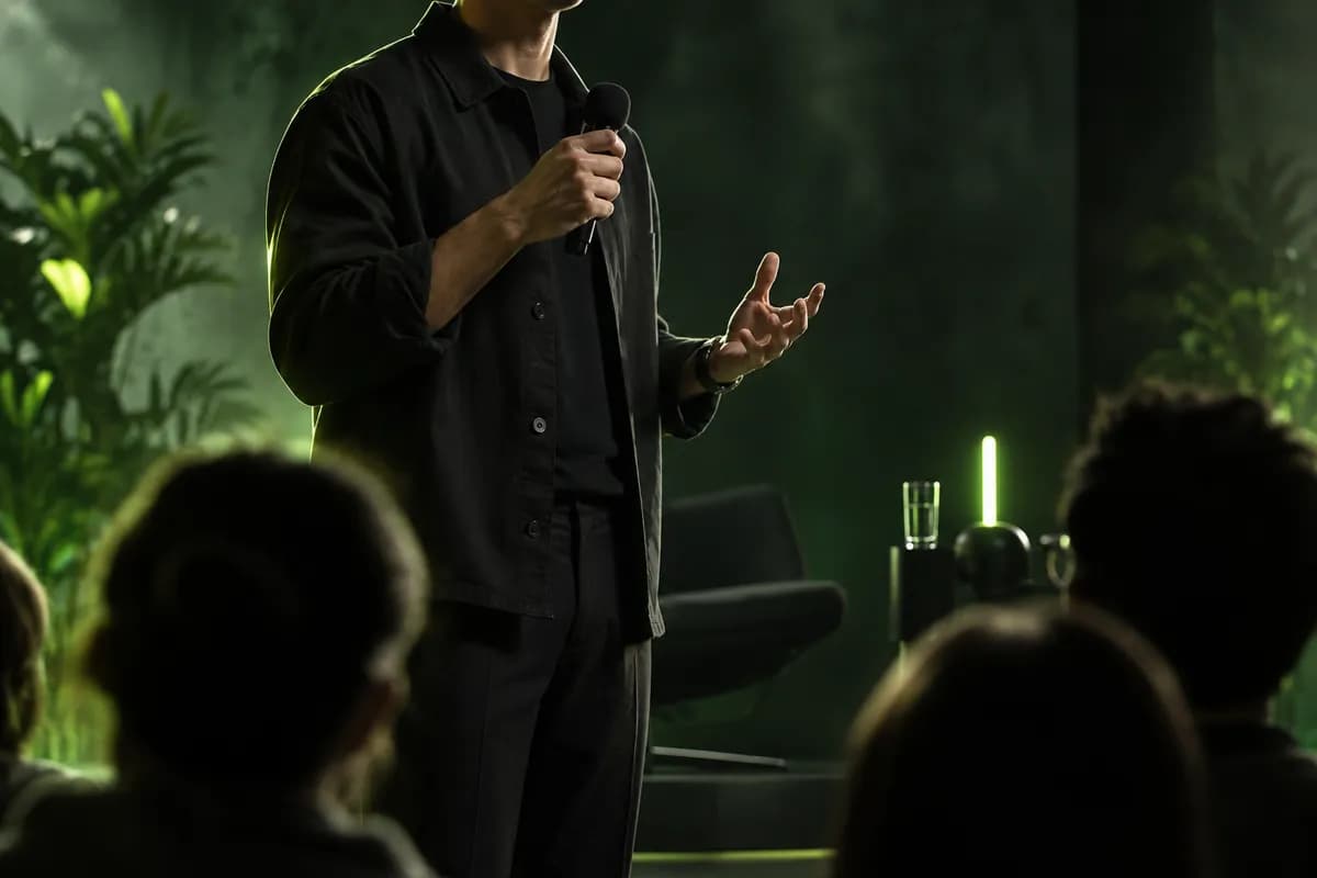 Cropped speaker in a dark green editorial setting with soft light