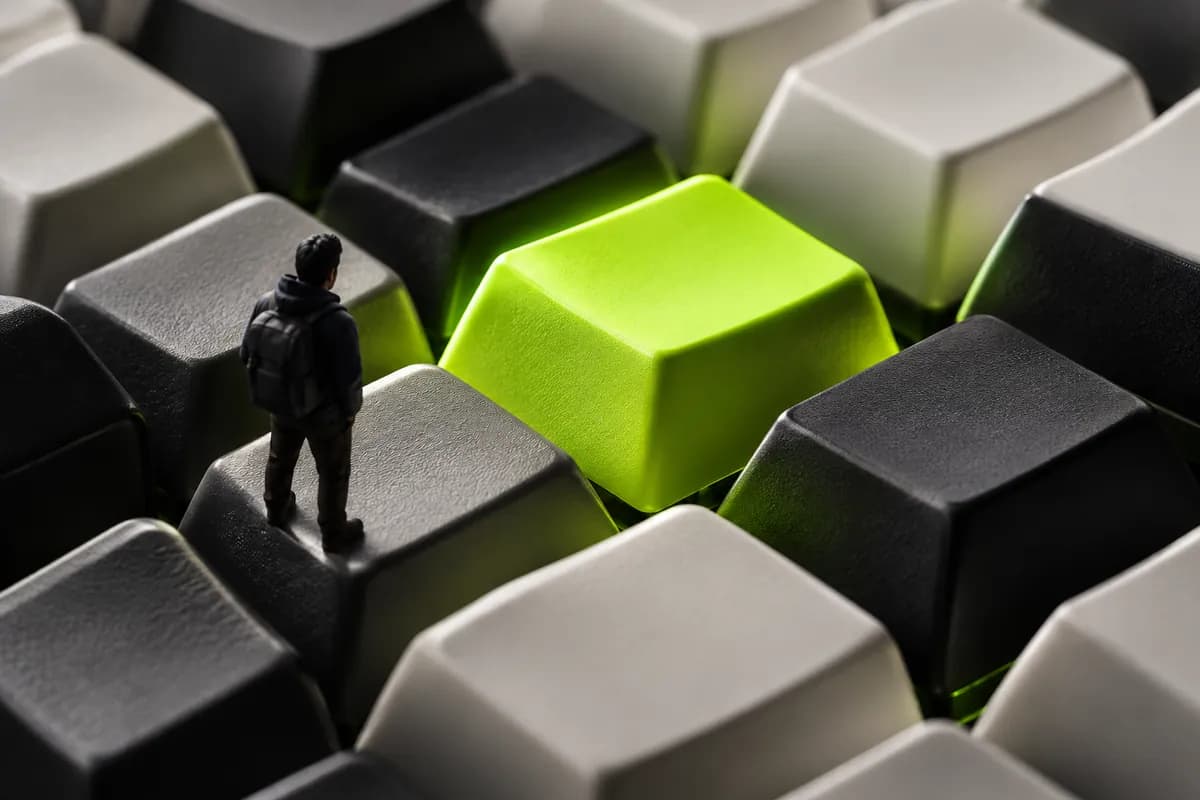 Close-up of neutral keyboard keys with a luminous green center key