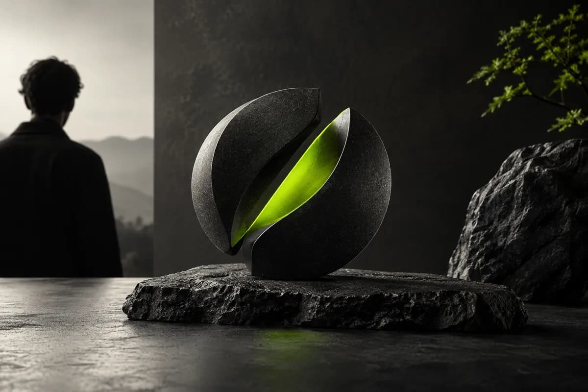 Dark abstract sculptural editing symbol with a lime accent