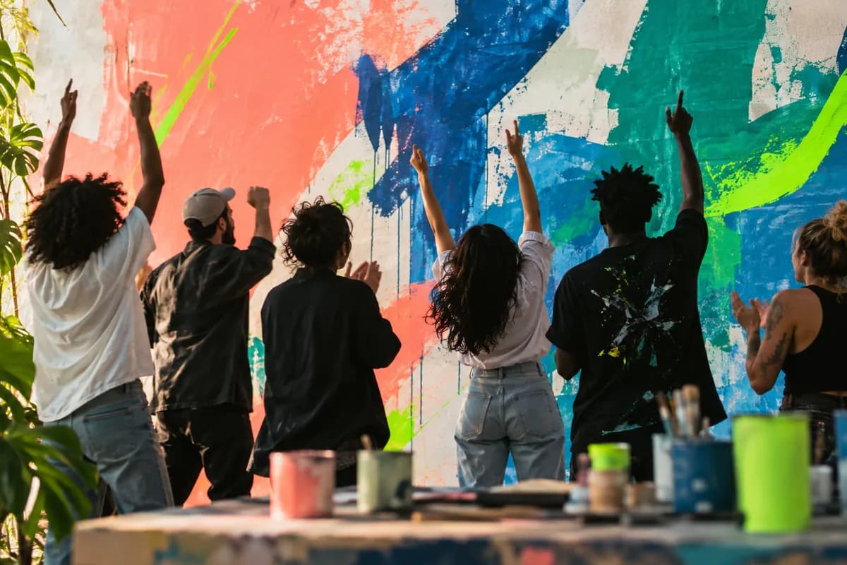 Creative group gathered in front of a colorful abstract mural