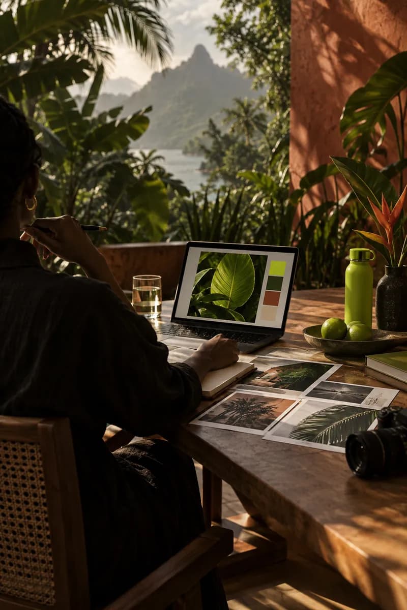 Original creator developing a vivid vertical campaign concept among tropical plants