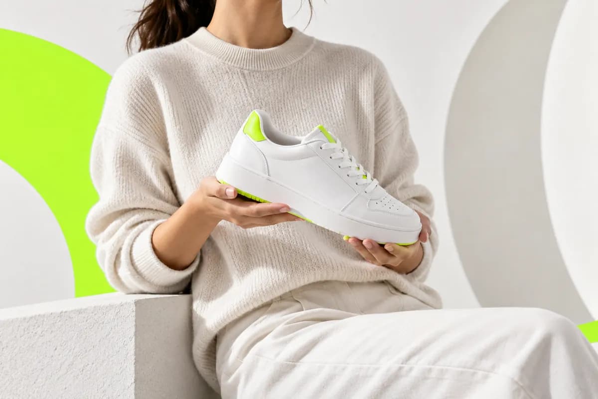 Original speaker holding a pair of sneakers in a bright studio setting