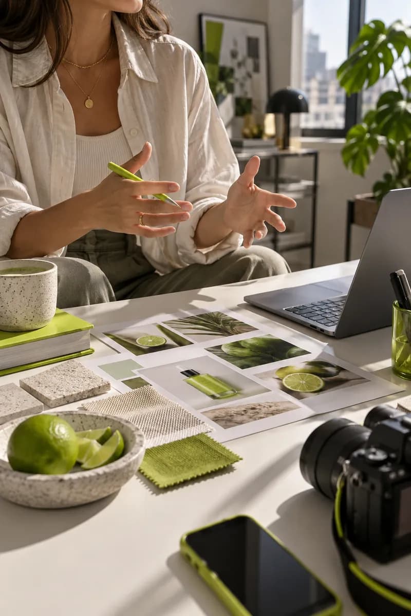 Original creator preparing a vertical ad concept in a sunlit studio