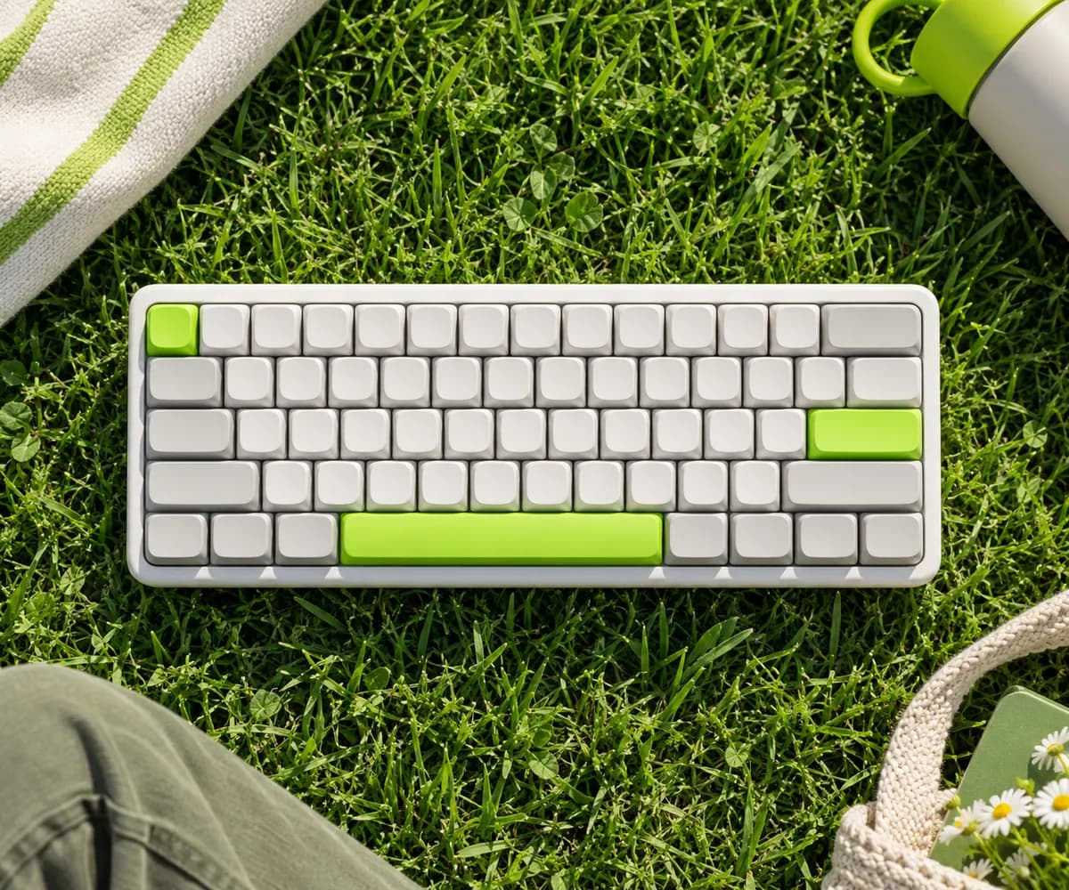 Minimal white keyboard placed on vivid green grass