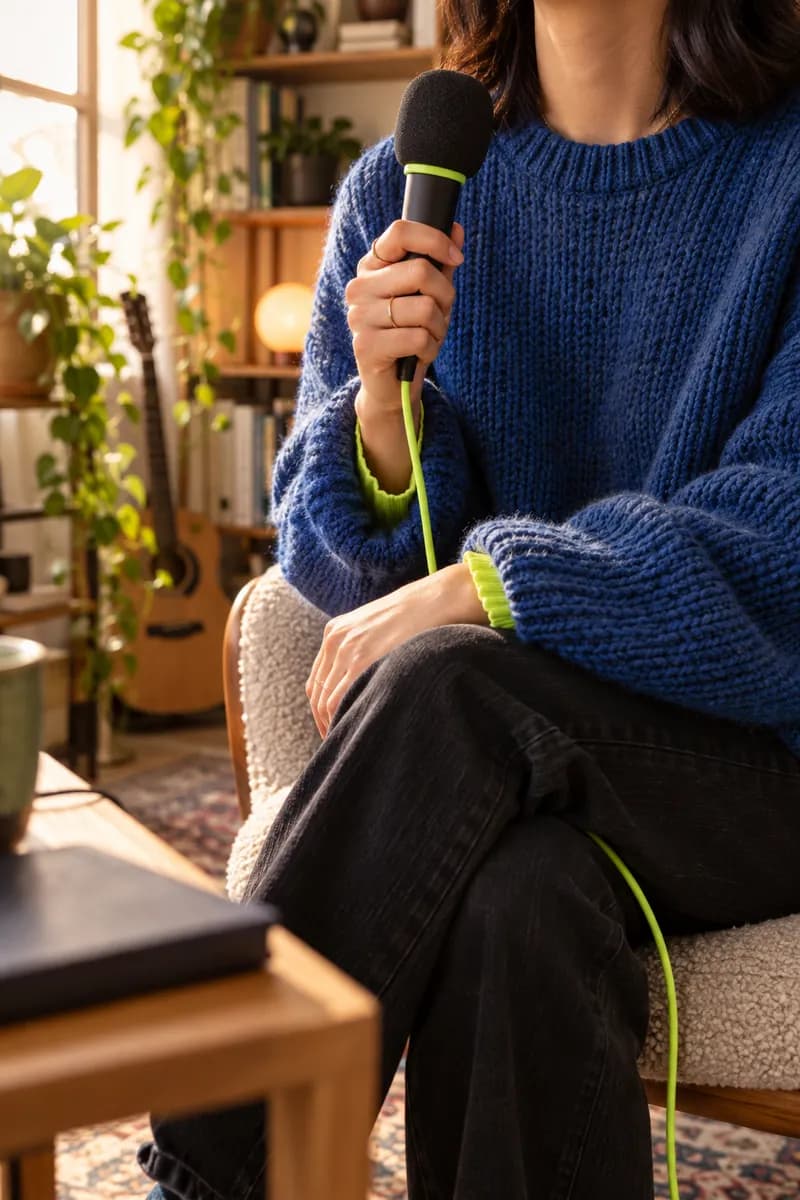 Person holding a small microphone in a warm home studio