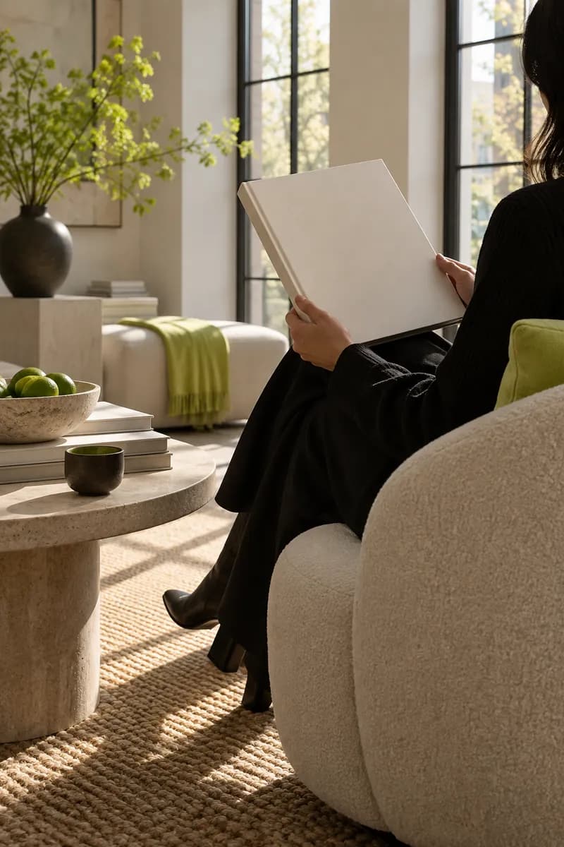 Designer seated in a calm reading room holding a large concept book