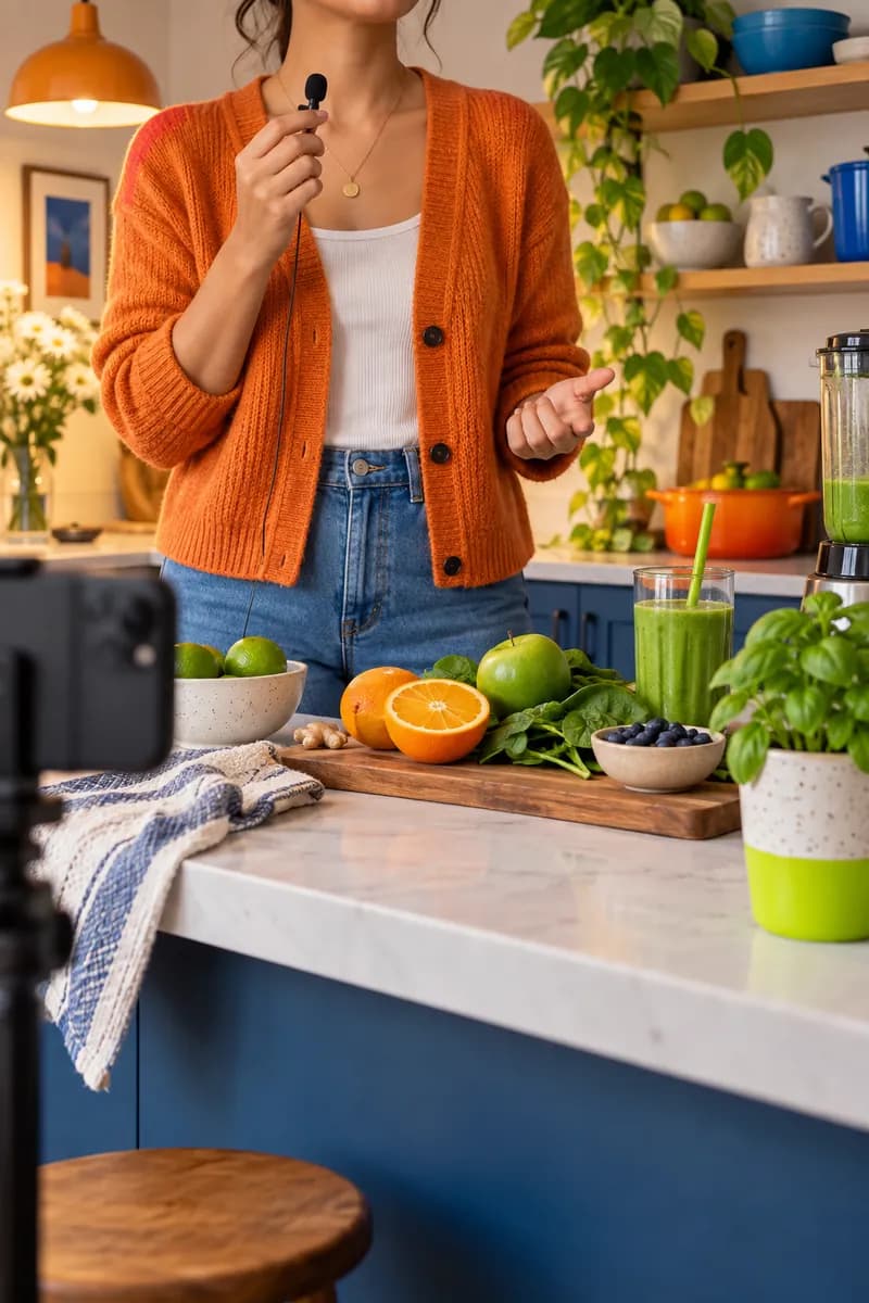 Person recording a social ad beside a colourful kitchen shelf