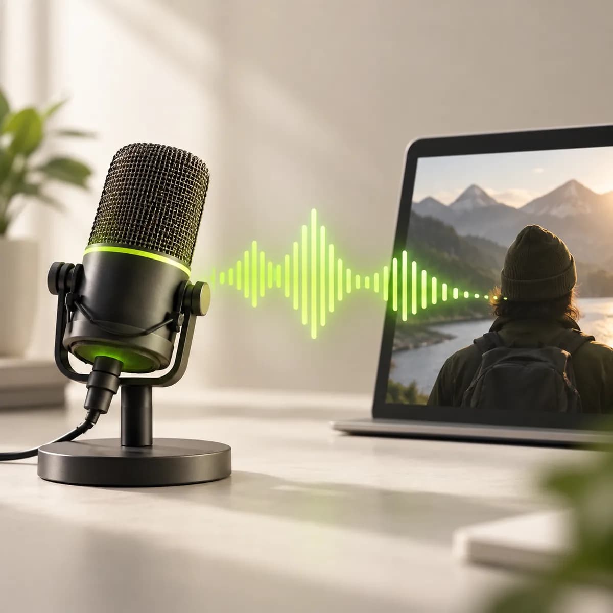 Abstract studio microphone and audio waveform representing Add Audio to Video