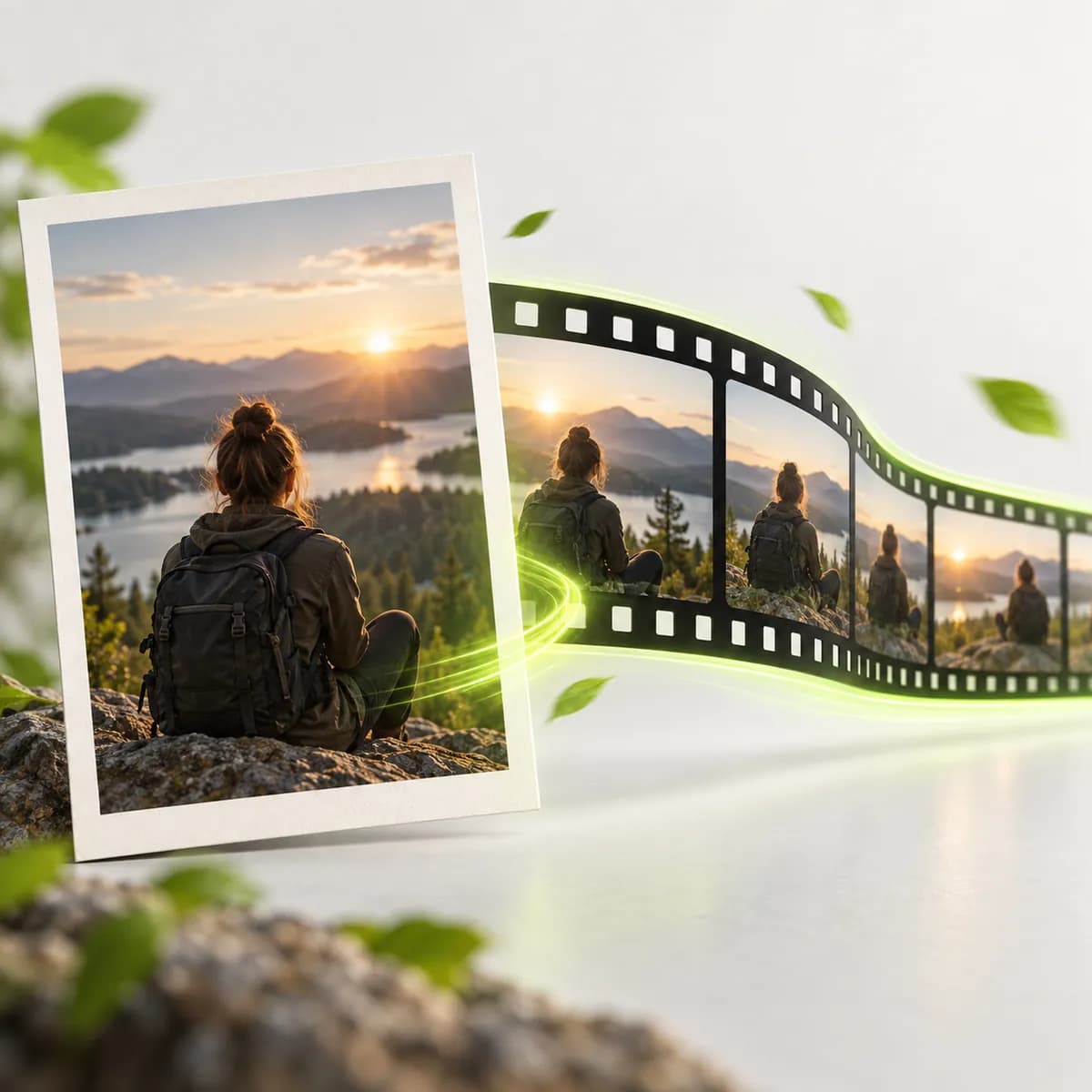 Dynamic photograph frame and motion streak representing Add Photo to Video