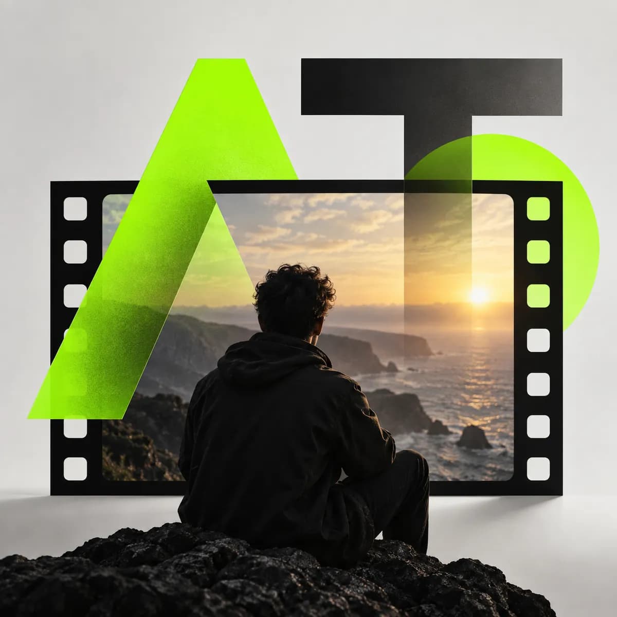 Bold geometric letterforms over a film frame representing Add Text to Video