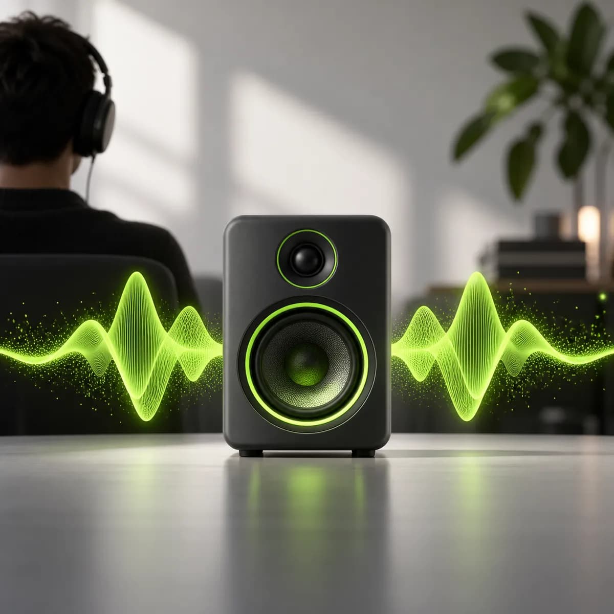 Polished audio waveform and speaker representing AI Audio Enhancer