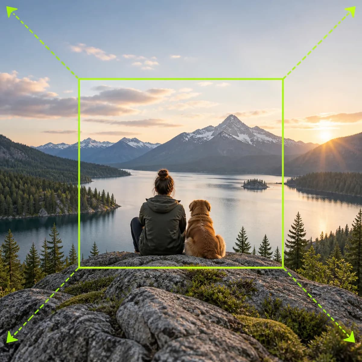 Image frame extending into a wider composition representing AI Image Extender