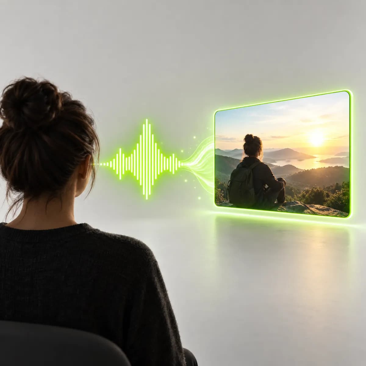 Voice waveform and video frame representing AI Text to Speech Video