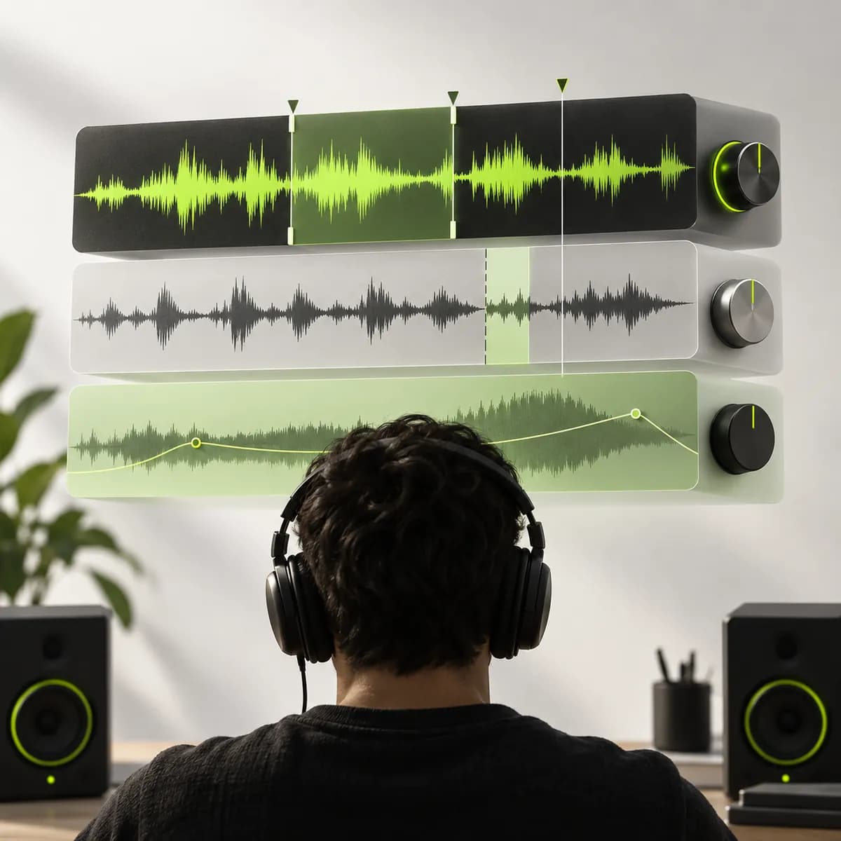 Waveform and editing knobs representing Audio Editor