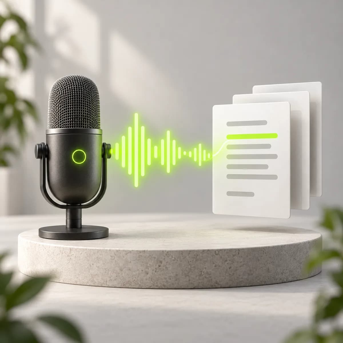 Microphone waveform flowing toward document shapes representing Audio to Text